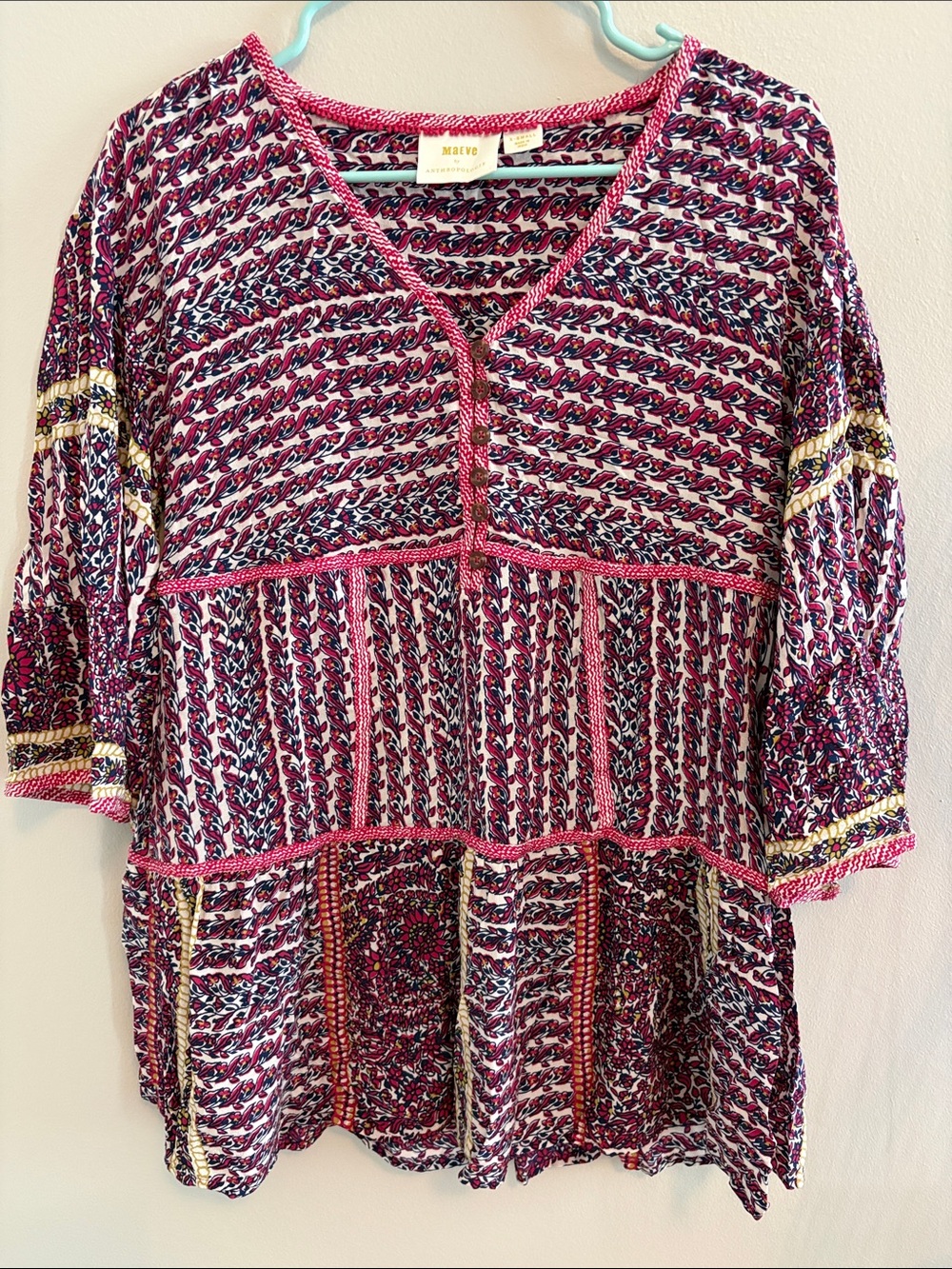 Anthropologie Maeve  Mixed-Print V-Neck Tunic in Cranberry, Cream, Navy
